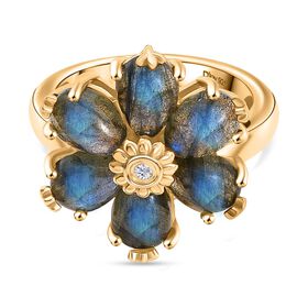 D'Joy AAA Labradorit, Weißer Zirkon Ring 925 Silber 750 Gelb Vergoldet (Größe 17.00) ca. 4,92 ct