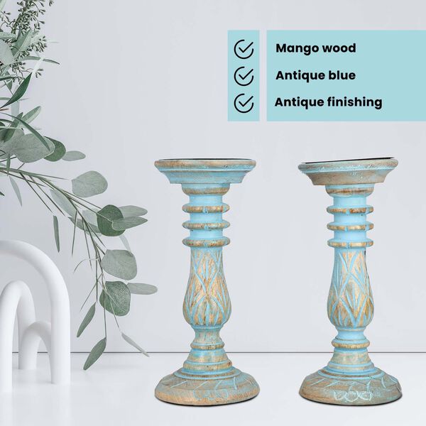 Set aus 2 antiken geschnitzten Holzkerzenhaltern mit rundem Ständer, 23cm, Altblau image number 2