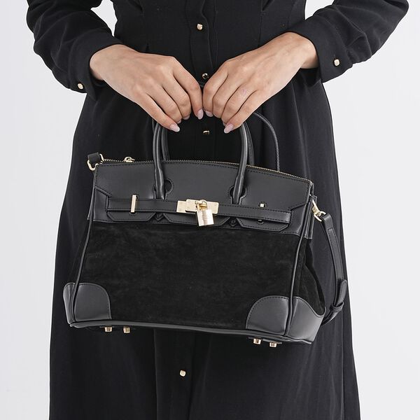 Grand Pelle Echtleder Citybag mit Reißverschluss und Schlossoptik 30 x 16 x 23 cm Schwarz image number 4