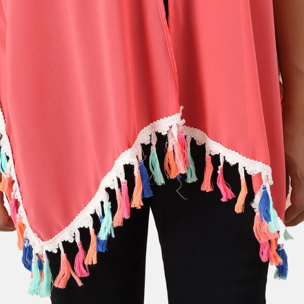 Chiffon Kimono mit mehrfarbigen Quasten, Einheitsgröße, Koralle image number 3