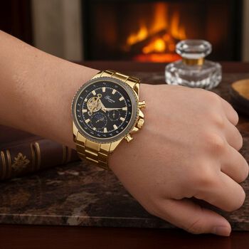 GENOA TIME - Bicolor-Armbanduhr, Reiner Edelstahl, goldfarben, Automatik, 3 ATM wasserdicht