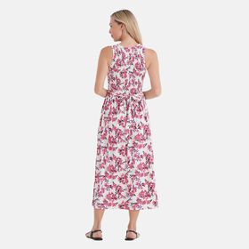 Schulterfreies, gesmoktes Kleid mit rosa Blumenmuster und G&uuml;rtel