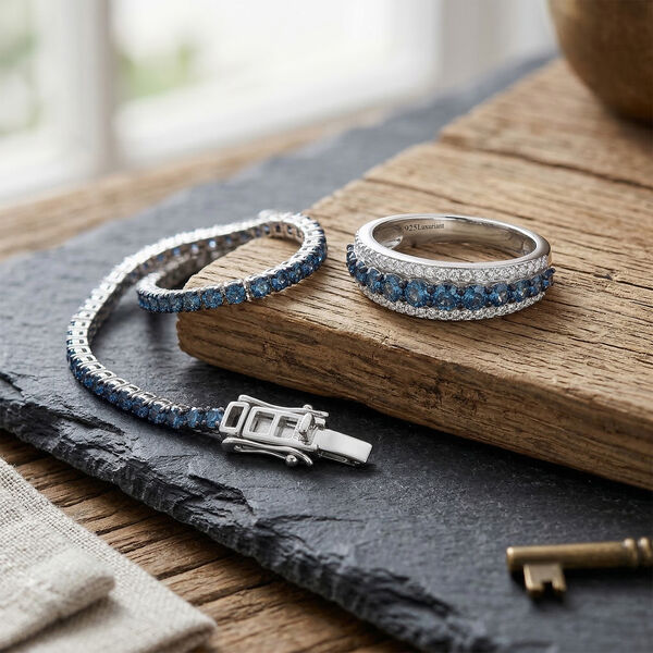 LUXURIANT SGL zertifiziertes SI-GH Labor blaues Diamant 19cm Armband und Ring image number 2