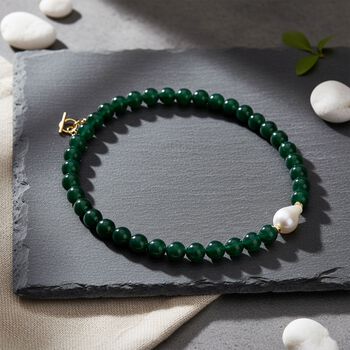 Verde Onyx, Wei&szlig;e Muschelkernperle, Wei&szlig;er Zirkonia Halskette ca. 50 cm Reiner Edelstahl Standard gelb vergoldet