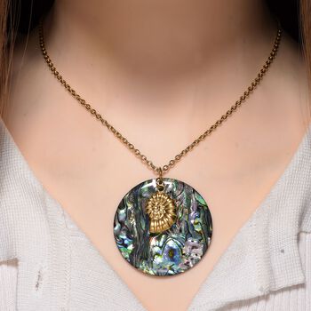 Abalone Muschel Ammonit-Design Anh&auml;nger mit Kette, Reiner Edelstahl, goldfarben