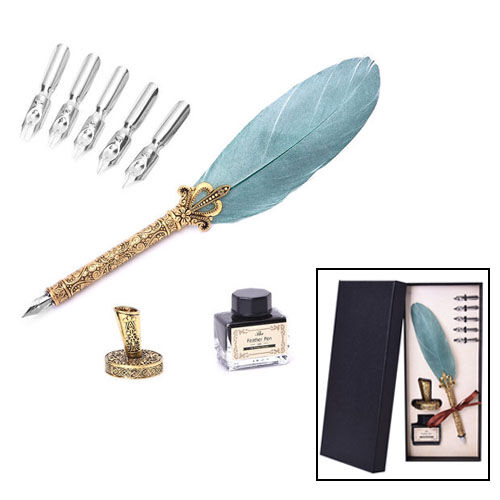 Feder Stift mit Ständer und schwarzer Tinte (15ml) und 6 verschiedenen Ersatzspitzen in Goldton, Blaugrün image number 1