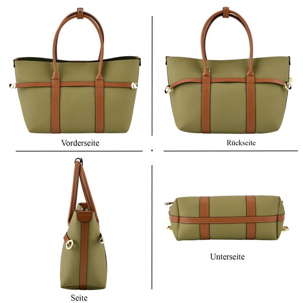 Echtleder Shopper Set, 2-teilig, Magnetfach, Rei&szlig;verschlussf&auml;cher, 35x11x20cm, Gr&uuml;n und Braun image number 5