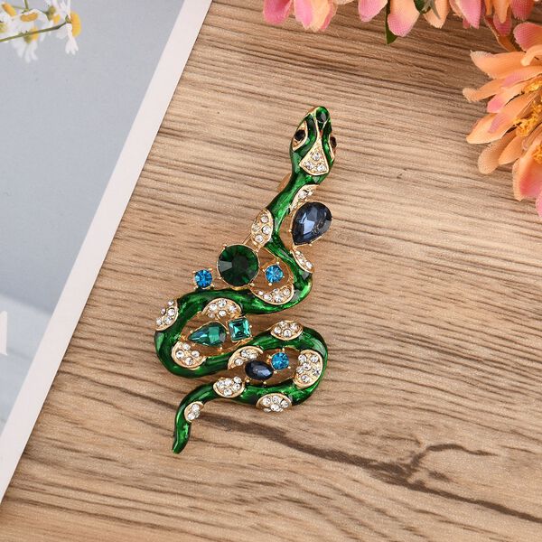 Emaillierte und mehrfarbige Kristall-Brosche in Goldton, Eidechse image number 2