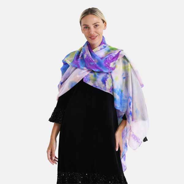  LA MAREY signature 100% silk scarf110*195cmweight:40gcolor:Blue leaves and pink floral patternsMaterial:100% Mulberry silk image number 4