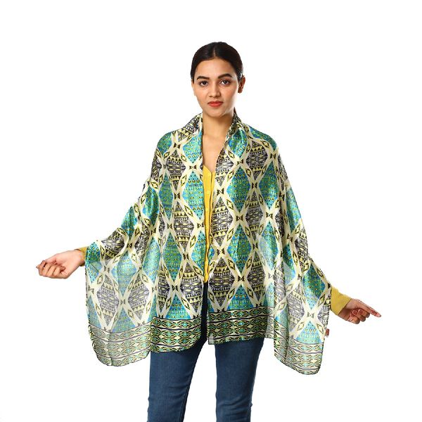 100% nat&uuml;rlicher Satin Seiden Schal, 165x50 cm, Rauten-Muster, T&uuml;rkis