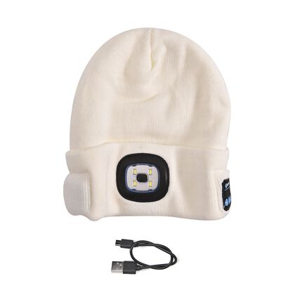Vielseitige Strickm&uuml;tze mit Bluetooth und eingebautem LED-Licht, 21x28cm, wei&szlig;
