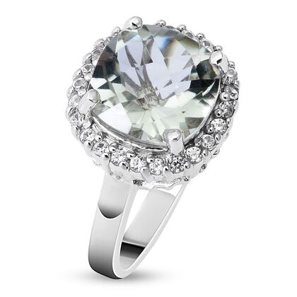 Prasiolith und weißer Zirkon-Ring, 925 Silber platiniert (Größe 16.00) ca. 4,04 ct