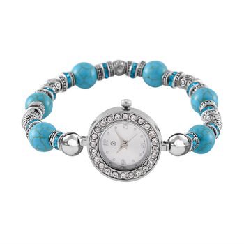 STRADA - Blauer Howlit, Wei&szlig;er Kristall Flexibles Armband-Uhr, Japanisches Uhrwerk, ca. 18-19 cm, Schwarz oxidiert