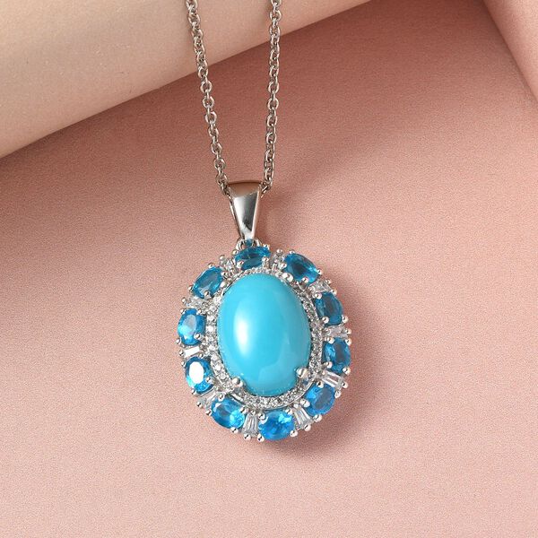 Amerikanischer, nat&uuml;rlicher Sleeping Beauty T&uuml;rkis, Neon Apatit und Zirkon-Anh&auml;nger mit Kette, 50 cm - 8,20 ct. image number 3