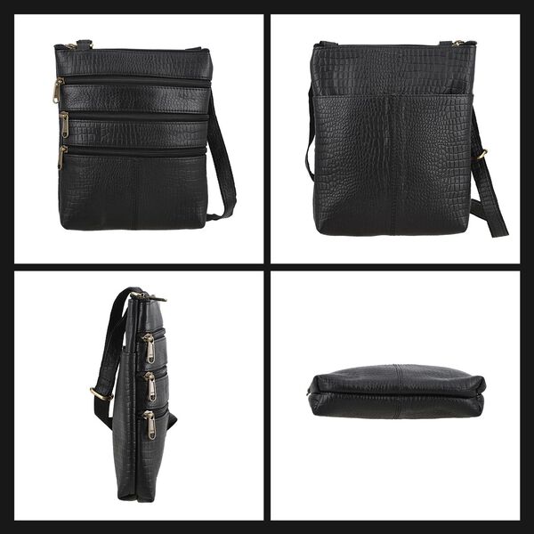 Echtleder Crossbody Tasche mit Kroko-Prägung, Schwarz image number 7