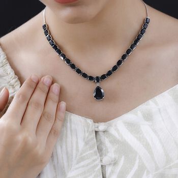 Schwarze Turmalin Halskette, ca. 45 cm, 925 Silber platiniert ca. 33.82 ct