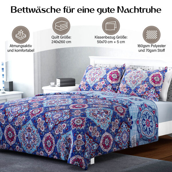 SERENITY NIGHT: 3er-Set - Bedruckte Steppdecke und 2 Kissenbez&uuml;ge, Blau und Mehrfarbig&nbsp; image number 2