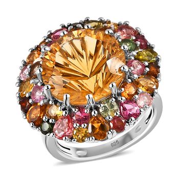 Citrin Ring im Hanabi-Schliff und nat&uuml;rlichem mehrfarbigem Turmalin - 11,42 ct.