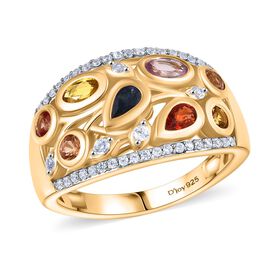 D'Joy AA Mehrfarbiger Saphir, Weißer Zirkon Ring 925 Silber 750 Gelbgold Vermeil (Größe 18.00) ca. 2.17 ct