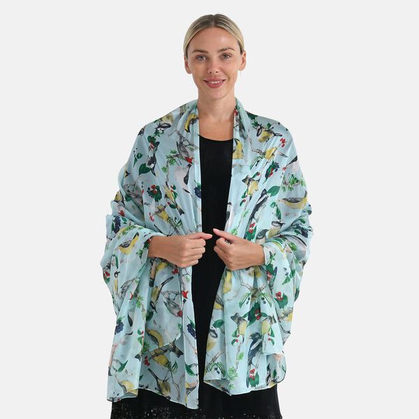  LA MAREY signature 100% silk scarf110*195cmweight:40gcolor:light blue with Bird patternMaterial:100% Mulberry silk image number 0