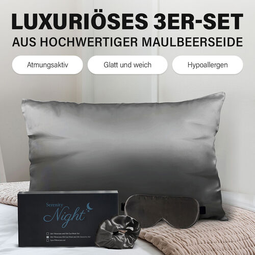 SERENITY NIGHT: 3er-Set  Kissenbezug, Haargummi und Augenmaske, Schwarz image number 1