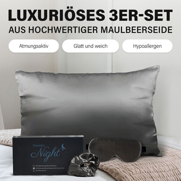 SERENITY NIGHT: 3er-Set  Kissenbezug, Haargummi und Augenmaske, Schwarz image number 1