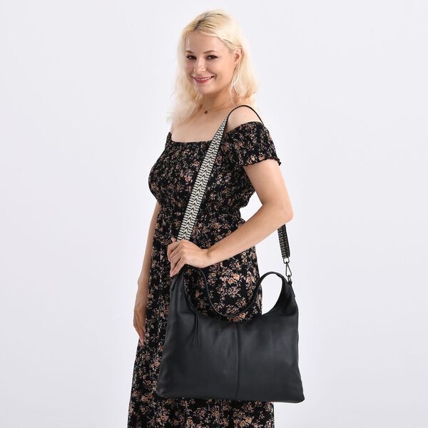 Echtleder-Hobo-Tasche mit abnehmbarem Schulterriemen, 41x10x35cm, Tiefschwarz image number 2