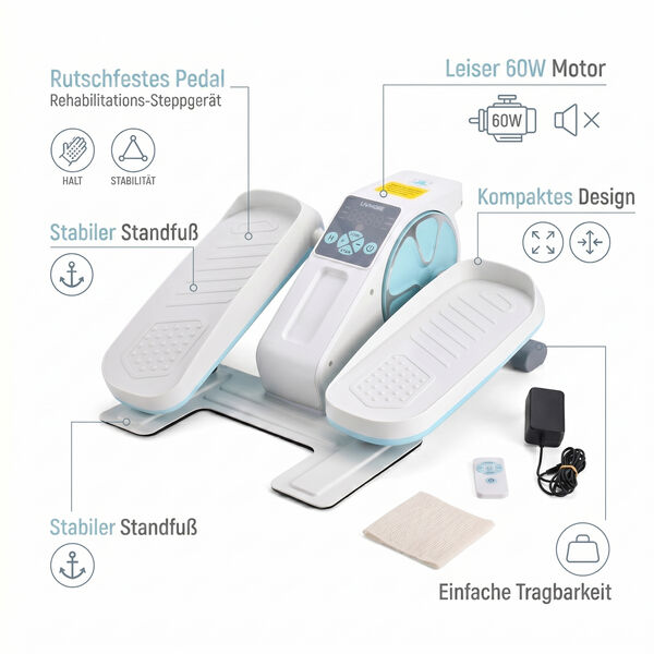 LIVMORE Elektro Fitness Stepper f&uuml;r zuhause, sanftes Training, leise, LCD Display, Fernbedienung, Anti Rutsch Pedale, Wei&szlig;, 1 Jahr Garantie inkl.