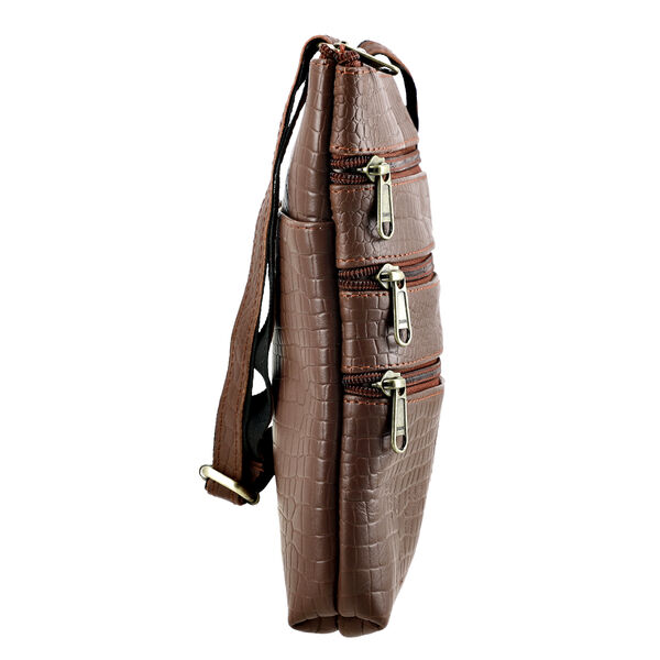 Echtleder Crossbody Tasche mit Kroko Prägung, Multi-Fächer, 20 x 24 cm, Cognac image number 7