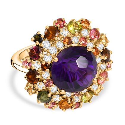 AA Afrikanischer Amethyst, Mehrfarbig-Turmalin Ring 925 Silber 750 Gelbgold Vermeil (Gr&ouml;&szlig;e 18.00) ca. 11,39 ct