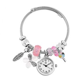STRADA - Japanisches Uhrwerk mit weißem Kristall, Stahl-Glanz, bunten Perlen und Charms, Edelstahl, Rosa