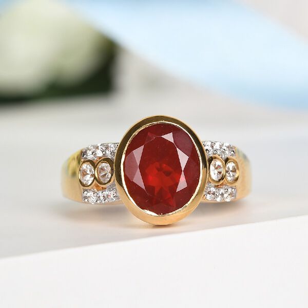 Mexikanischer Kirschfeuer-Opal und Zirkon Ring 925 Silber Vermeil image number 2