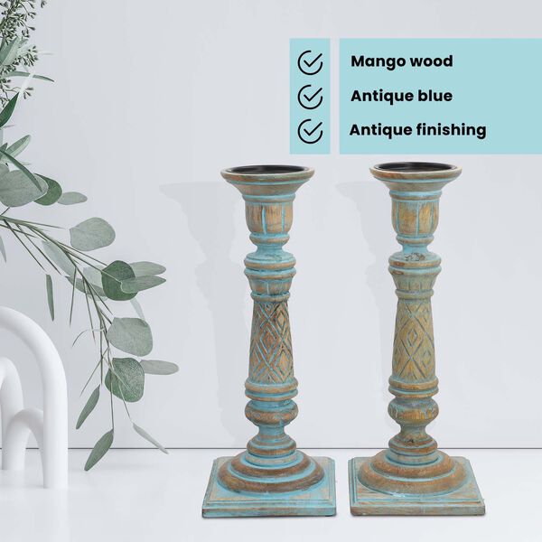 Set aus 2 antiken geschnitzten Holzkerzenhaltern mit quadratischem Ständer, 38cm, Altblau image number 2