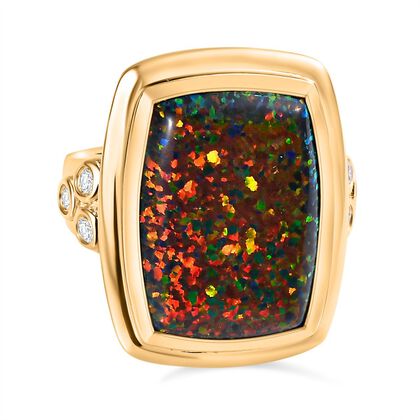 Lab Grown schwarzen Opal, Wei&szlig;er Zirkon Ring, 925 Silber 750 Gelbgold Vermeil (Gr&ouml;&szlig;e 18.00) ca. 5.73 ct