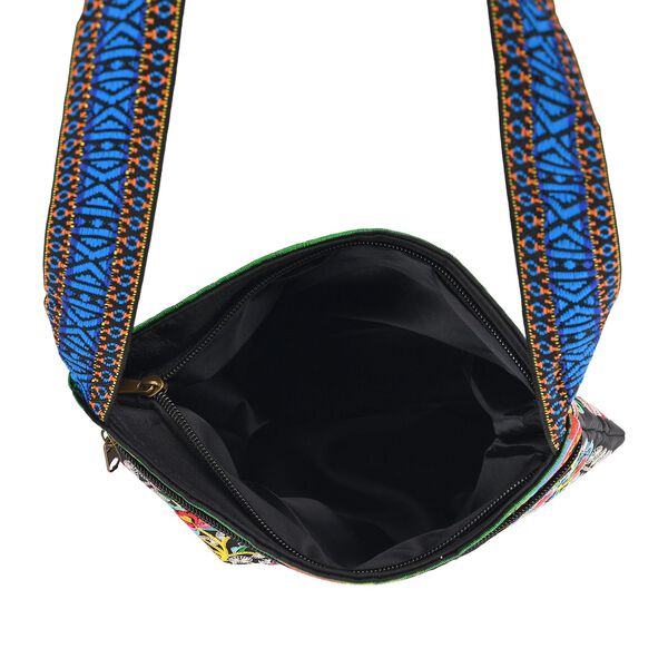 Blumen Stickerei Umh&auml;ngetasche, verstellbarer Riemen, 23 x 24 cm, Schwarz image number 6