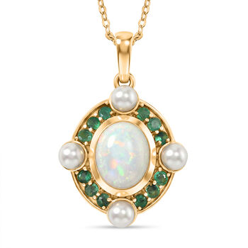 D'Joy nat&uuml;rlicher, &auml;thiopischer Welo Opal, Perle und Smaragd Anh&auml;nger mit 50cm Kette