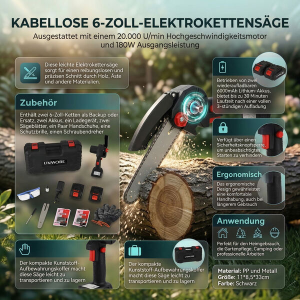 Electric saw 6 inches Rated voltage :21v Motor speed: 20,000 RPM Motor power :180W Battery disassembly: Yes Switch method: Safety button Switch interface type :DC Input voltage :1A Power supply mode: Lithium battery Battery capacity :24VH 6000mah- Charge image number 4