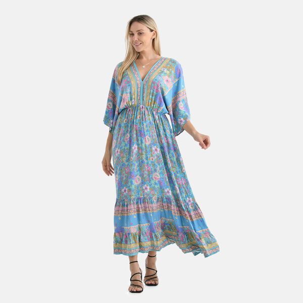 Maxikleid mit Blumenmuster, V-Ausschnitt, elastischer Taille und R&uuml;ckenschleife, 38&times;135 cm, Blau image number 4