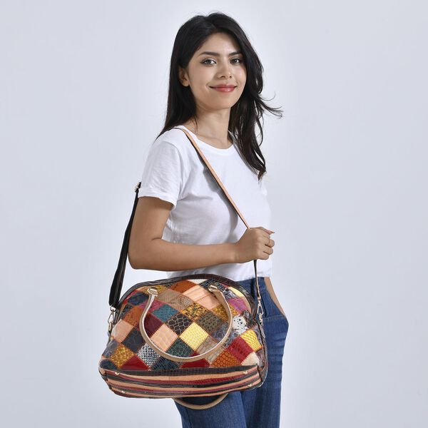 Chaos By Elsie - Farbenfrohe Echtleder Crossbody Tasche, Patchwork-Rhombenmuster image number 2