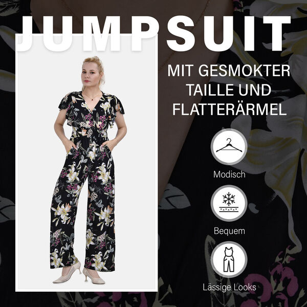 Jumpsuit mit gesmokter Taille und Flatterärmel, schwarz, Blumenmuster image number 2