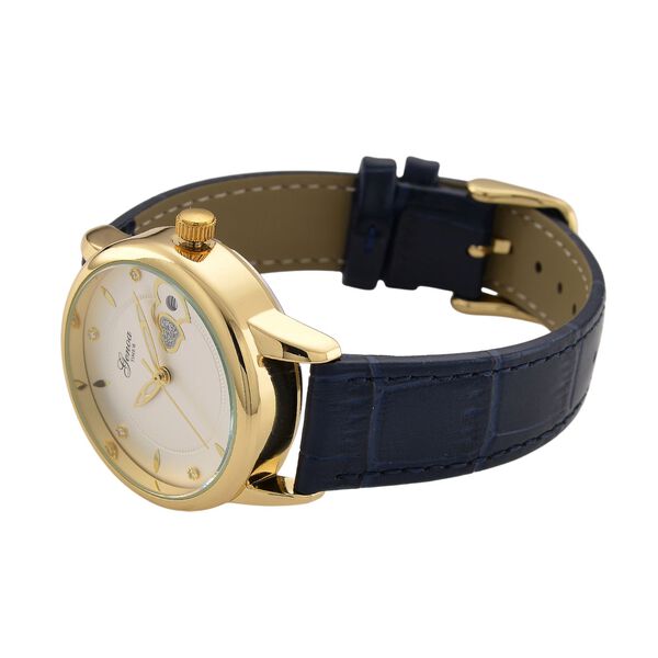 GENOA - Automatik-Armbanduhr mit Herz-Design und Datumsanzeige, Dandong-Uhrwerk, Wei&szlig;es Zifferblatt, Goldfarben, Blaues Lederarmband, 36 mm image number 5