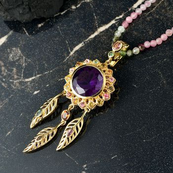 D'joy Afrikanischer Amethyst, Mehrfarbig-Turmalin Anh&auml;nger mit Kette, 925 Silber 750 Gelbgold Vermeil ca. 46.89 ct