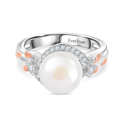 S&uuml;&szlig;wasser Perle (9.5-10 mm), Wei&szlig;er Zirkon Ring, Messing (Gr&ouml;&szlig;e 17.00)