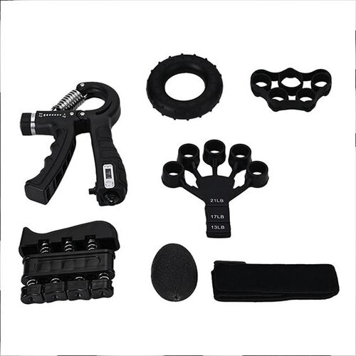 "6pcs Grip Strength Trainer sets color:black weight:357g Package size:11*18*6.5cm 1.Adjustable grip (mechanical) :15*12*2.6cm, 154g PP+TPR 2.Grip ring: Ring diameter 6.8cm.44g, silicone 3.Silicone egg ball :5.8*4.4cm.44.5g, TPE, 4.Silicone piano five-fing image number 0