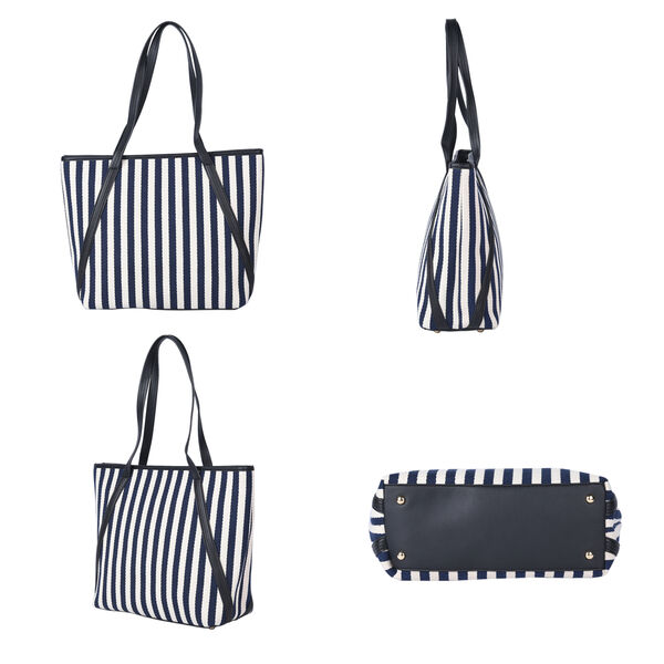 Klassische Handtasche mit Streifenmuster, Blau/beige image number 3