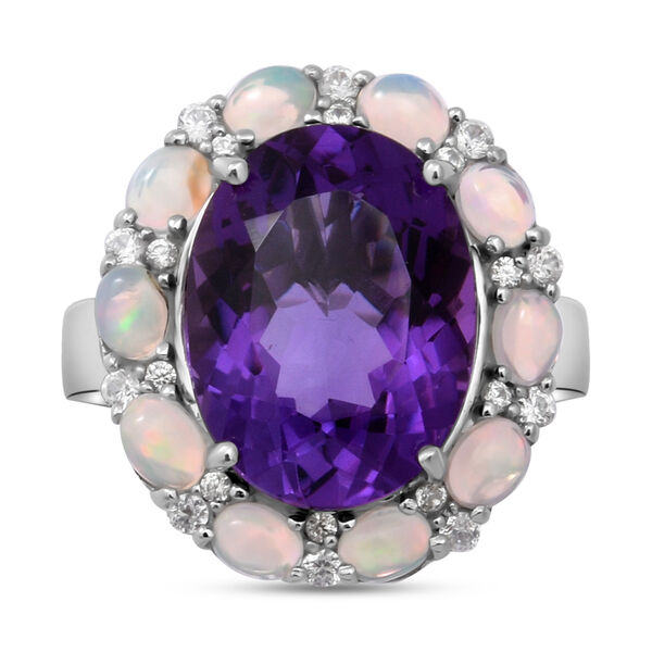 Lusaka Amethyst und nat&uuml;rlicher, &auml;thiopischer Opal-Ring, 925 Silber platiniert  ca. 9,37 ct