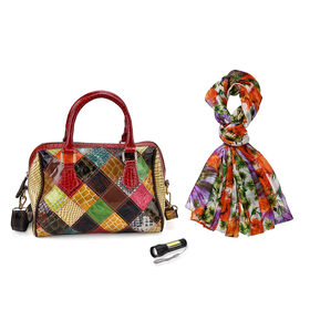 Chaos by Elsie Echtleder Crossbody Tasche im Rautenmuster mit RFID-Schutz und Mini-Taschenlampe und LA MAREY Schal aus 100% Maulbeerseide