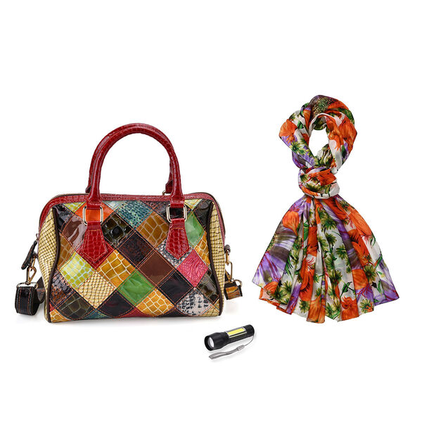 Chaos by Elsie Echtleder Crossbody Tasche im Rautenmuster mit RFID-Schutz und Mini-Taschenlampe und LA MAREY Schal aus 100% Maulbeerseide image number 0