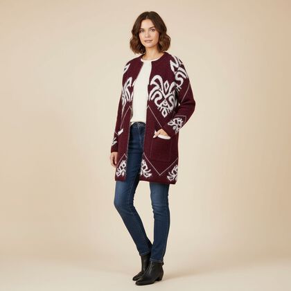 Damen Winter-Cardigan mit Taschen, Strick, Langarm, Offene Vorderseite, Einheitsgr&ouml;&szlig;e, Lila