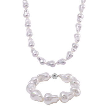 Wei&szlig;e Muschelkernperle 50cm Halskette und 21,5cm Armband